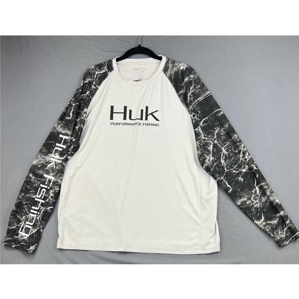 Huk Performance Fishing Shirt Mens XL Gray Black Mossy Oak Elements Agua LS Tee